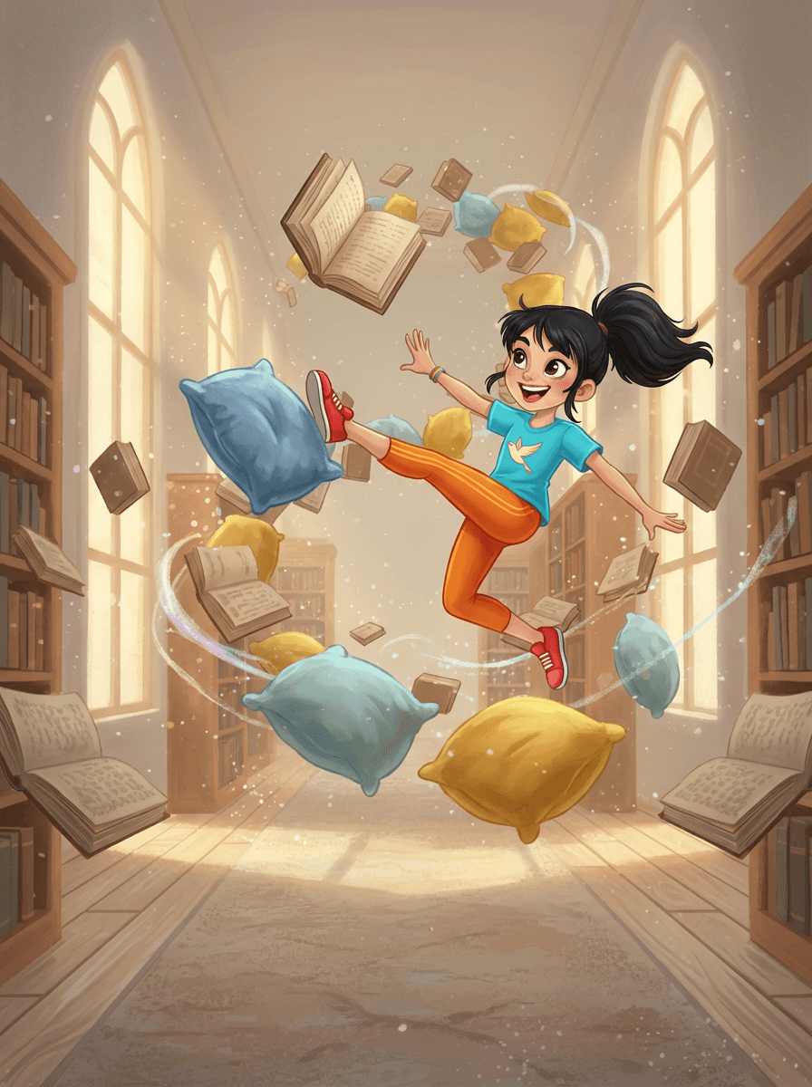 Maya kicks a soft pillow to guide floating books in a library.