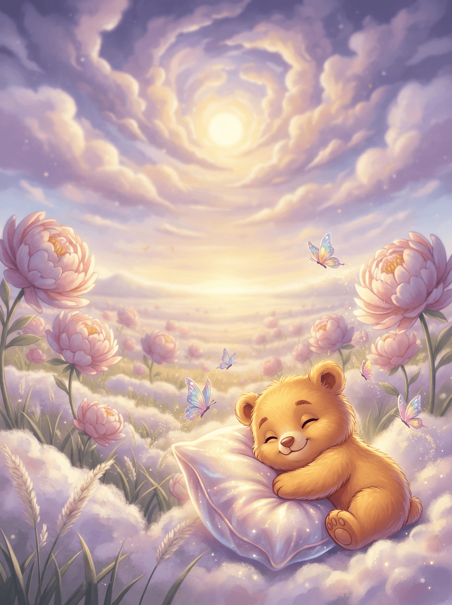 Medvídek Pufík letí na zářícím polštářku krajinou plnou barevných motýlů.