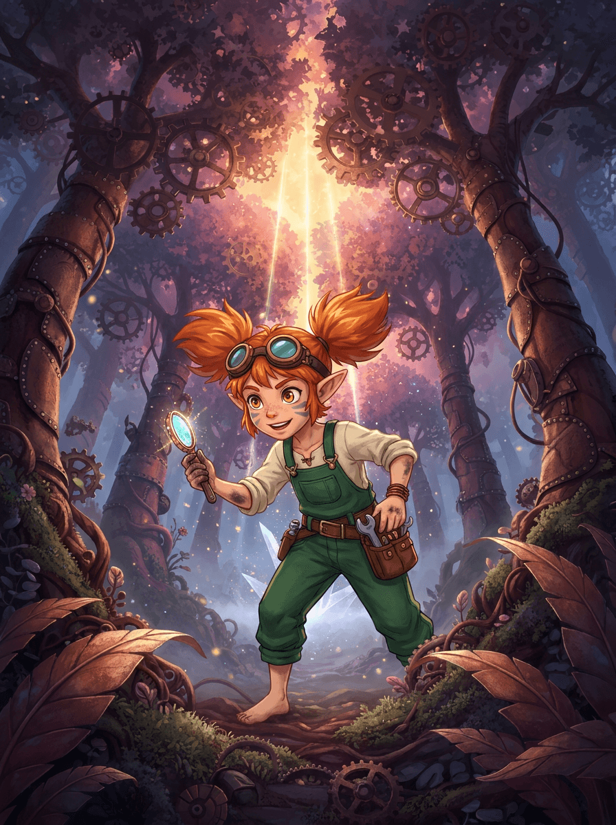 A inventora Spark de óculos mágicos sob o Grande Carvalho sombrio.