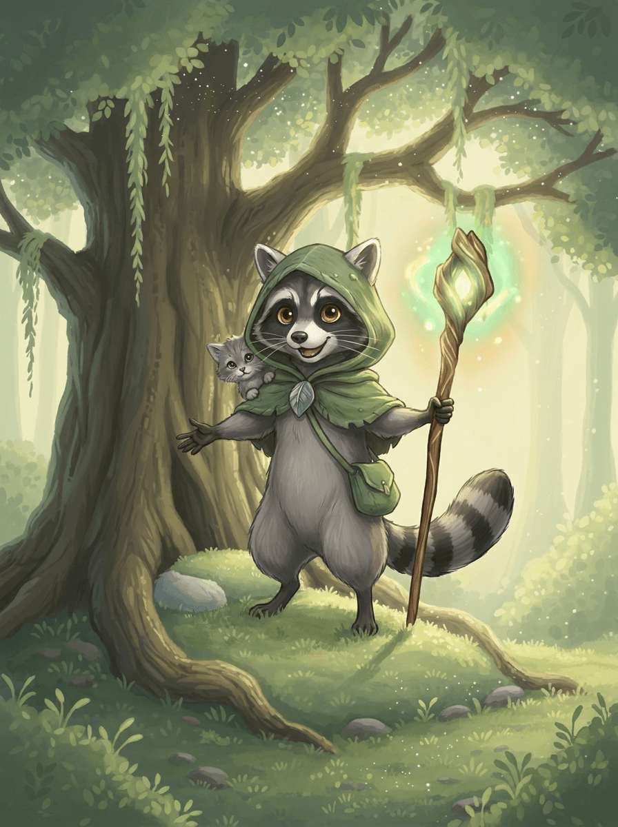 Dzielny szop Raccoon w zielonym kapturku ratuje kotka z wysokiego drzewa.