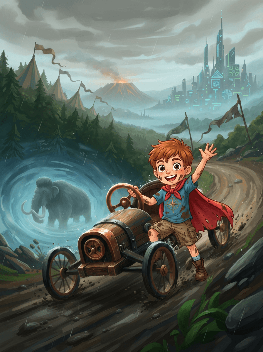 Leo, Mia, and Sam in their soapbox racer dodging a woolly mammoth.