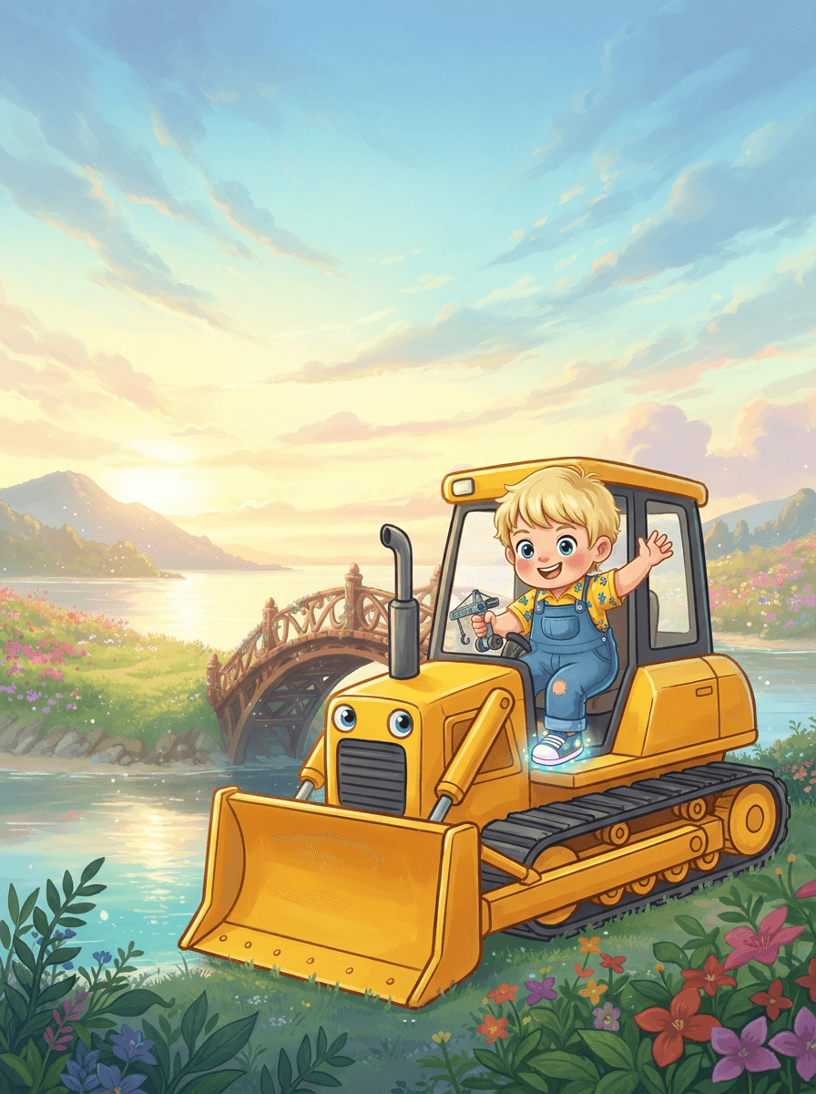Il piccolo Adam sul suo bulldozer giallo costruisce un ponte di legno.