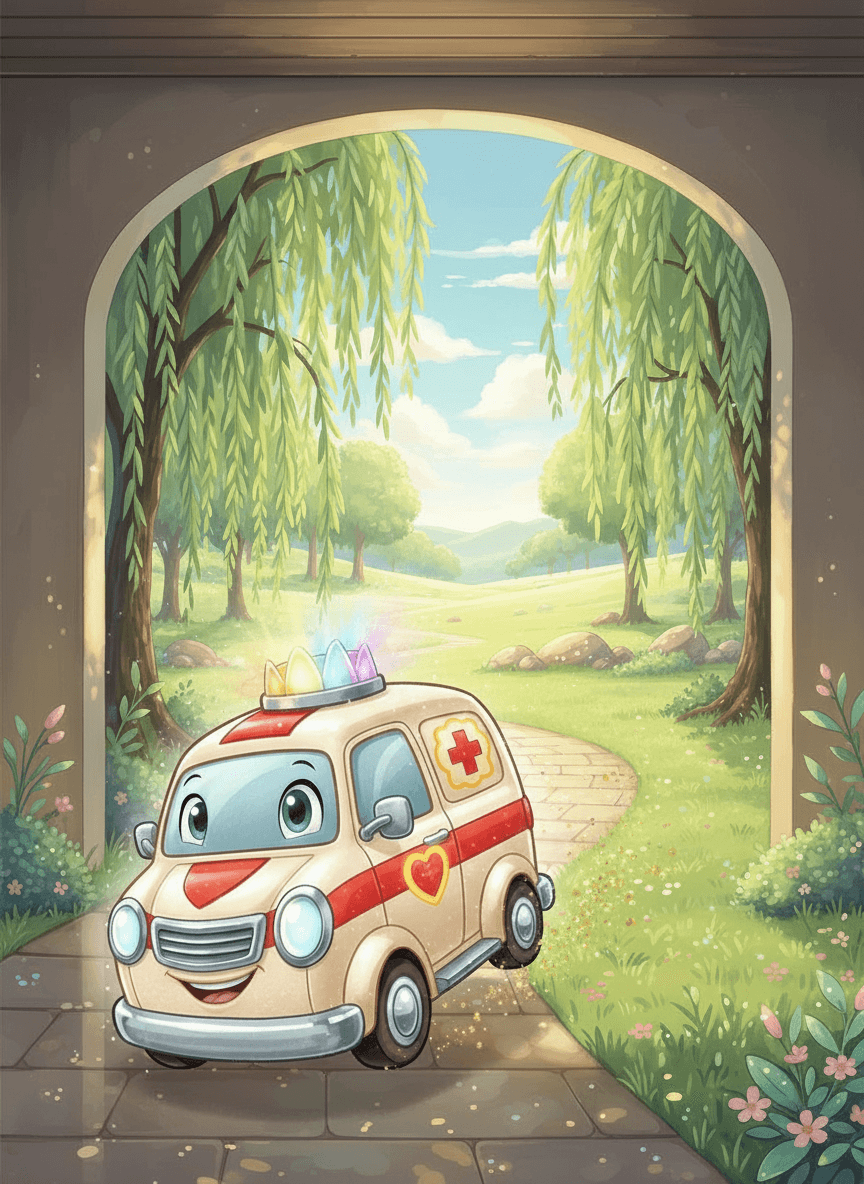 Kouzelná sanitka a modrá koloběžka na cestě v zeleném parku.