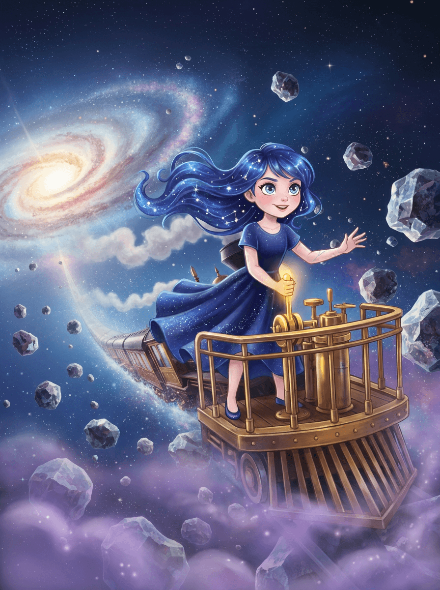 Nova mit Sternenhaar steuert den goldenen Mondexpress durch funkelnde Asteroiden im Weltall.