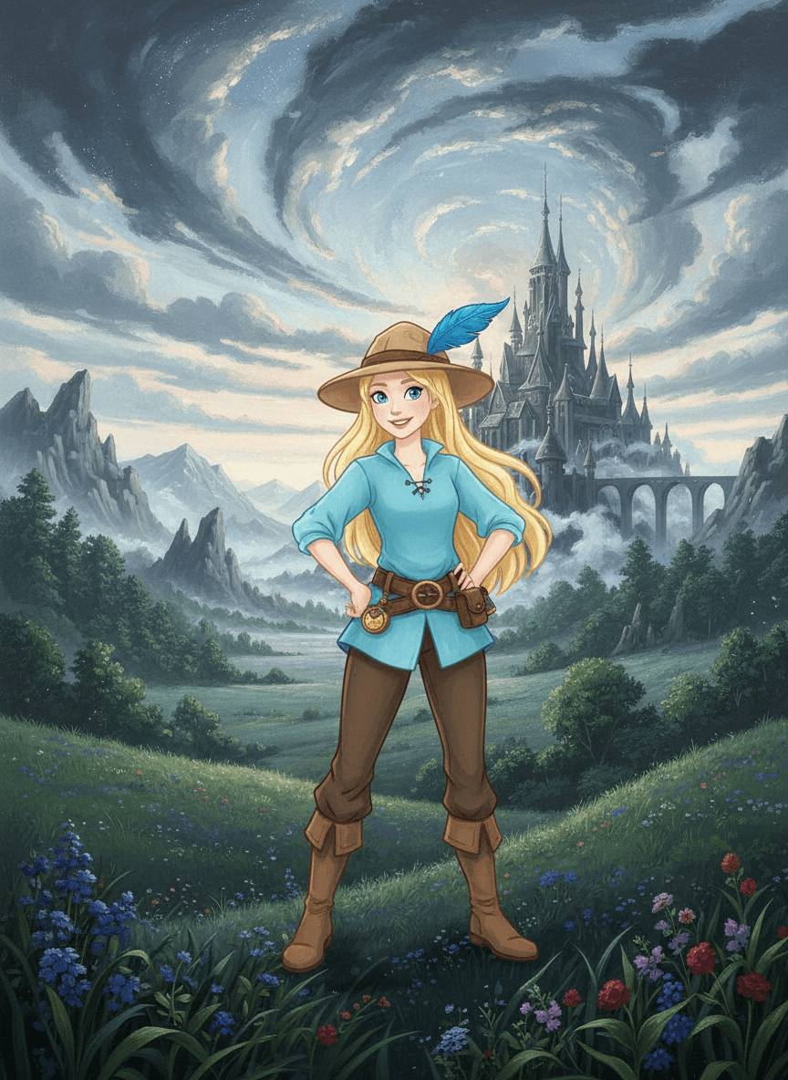 Princ a jeho tři neobvyklí společníci kráčejí krajinou k tajemnému železnému zámku.