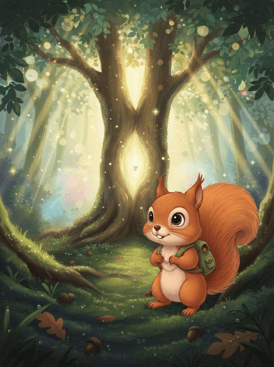 Veverka Terka s batůžkem před kouzelným stromem plným hraček v lese.