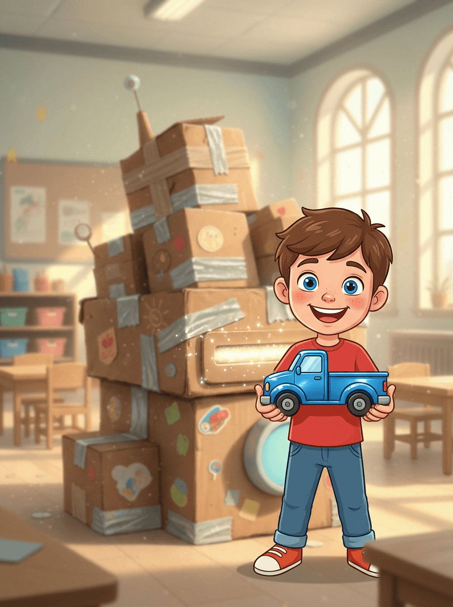 Leo and Mia building a magic cardboard computer in the Sunflower Class.