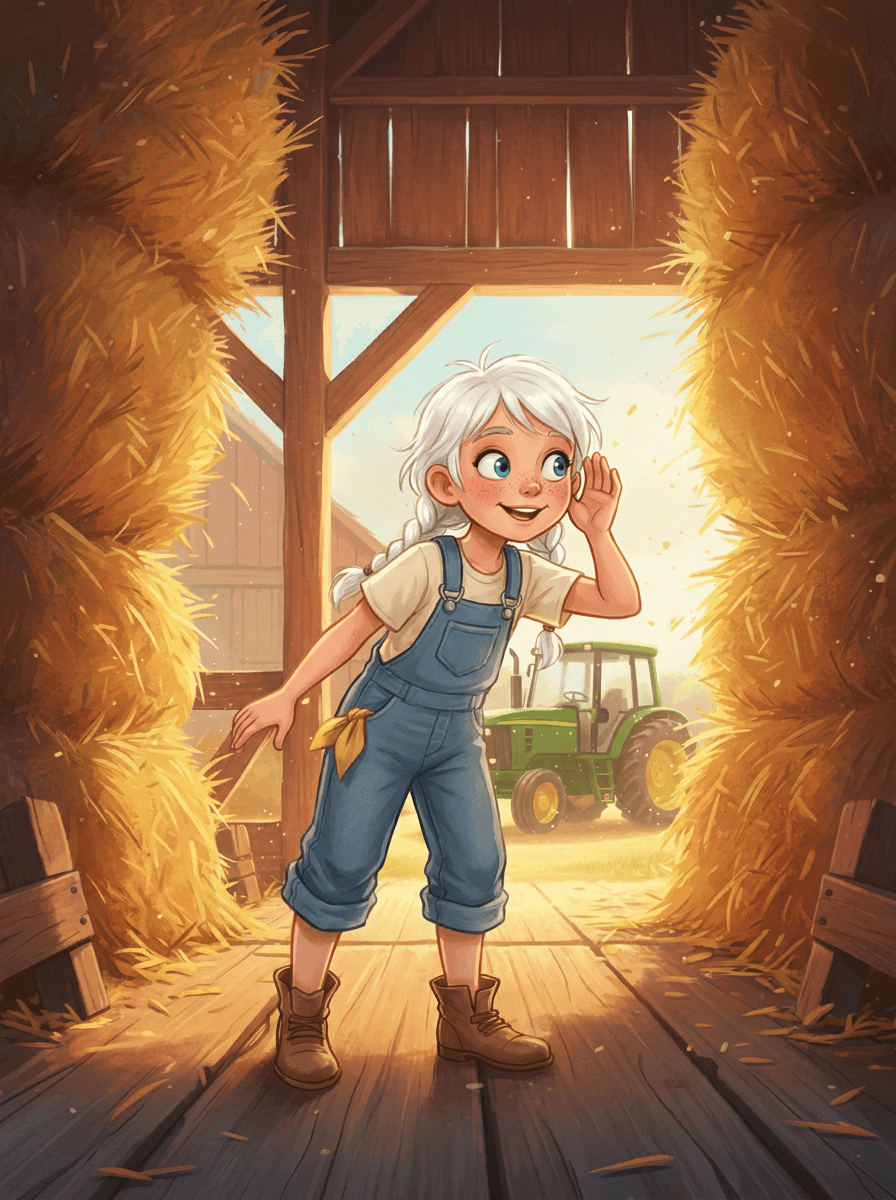 Zoe the Sound Detective standing in a sunlit barn with Farm animals.