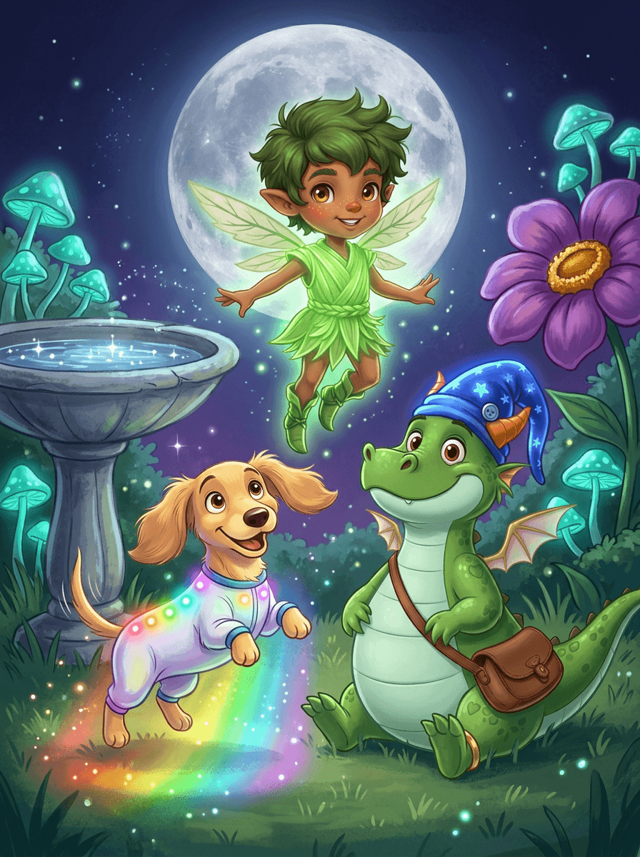 Il bassotto Fido nel giardino lunare con il suo pigiama tecnologico arcobaleno.