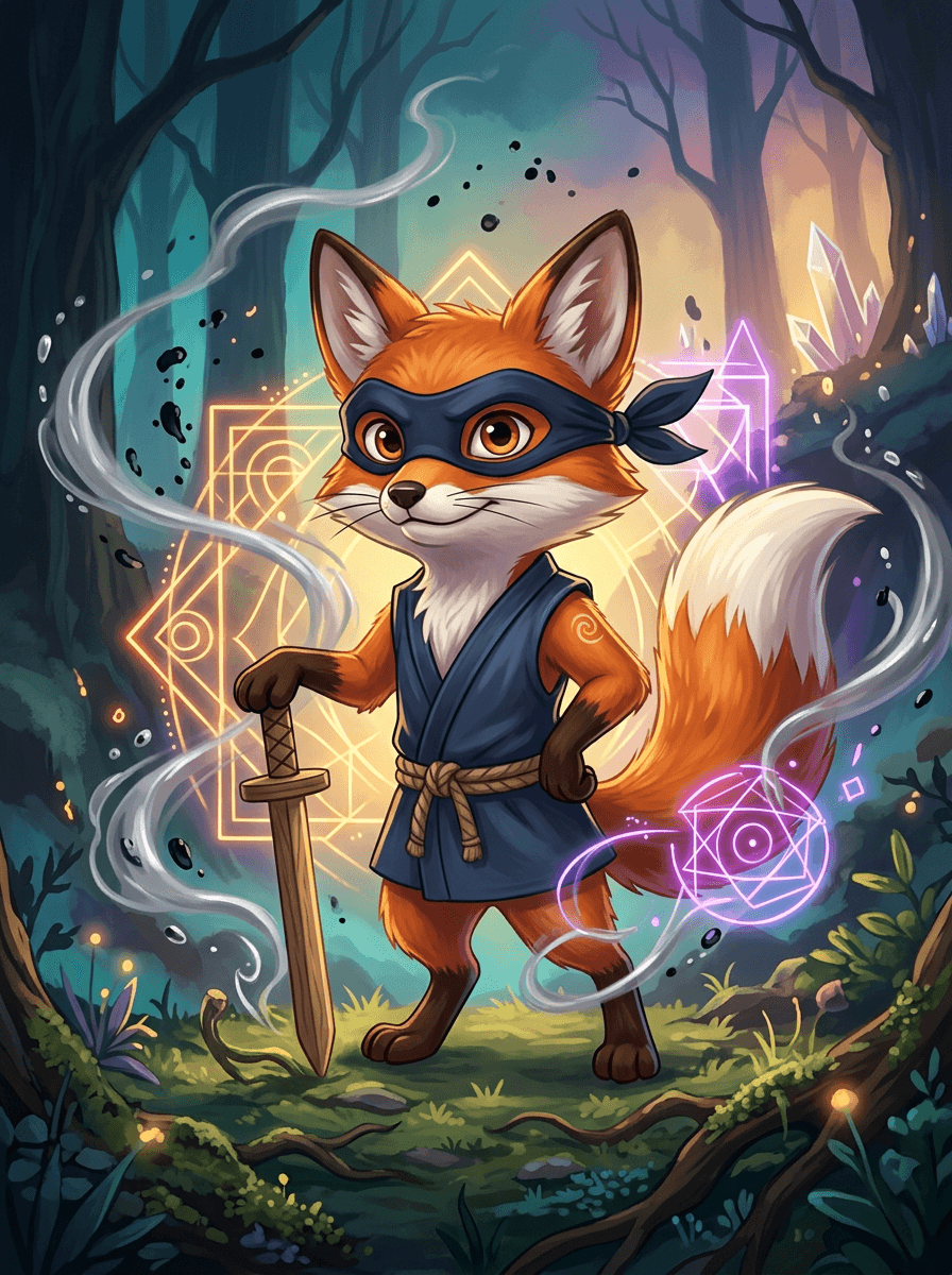 Fuchs-Ninja Cinder mit Holzschwert im geheimnisvollen, nebligen Flüsternwald.