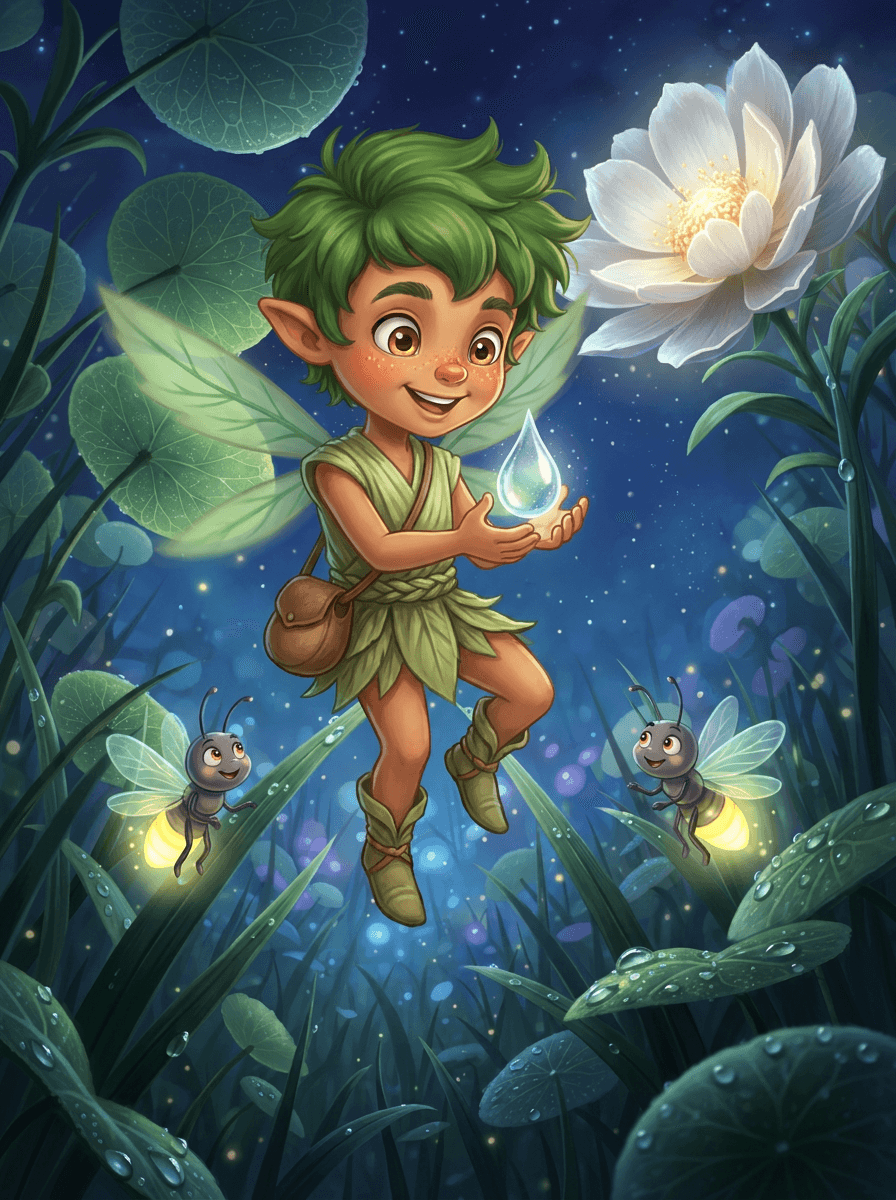 Der kleine Gartenelf Barnaby mit grünen Flügeln inmitten leuchtender Nachtblumen.