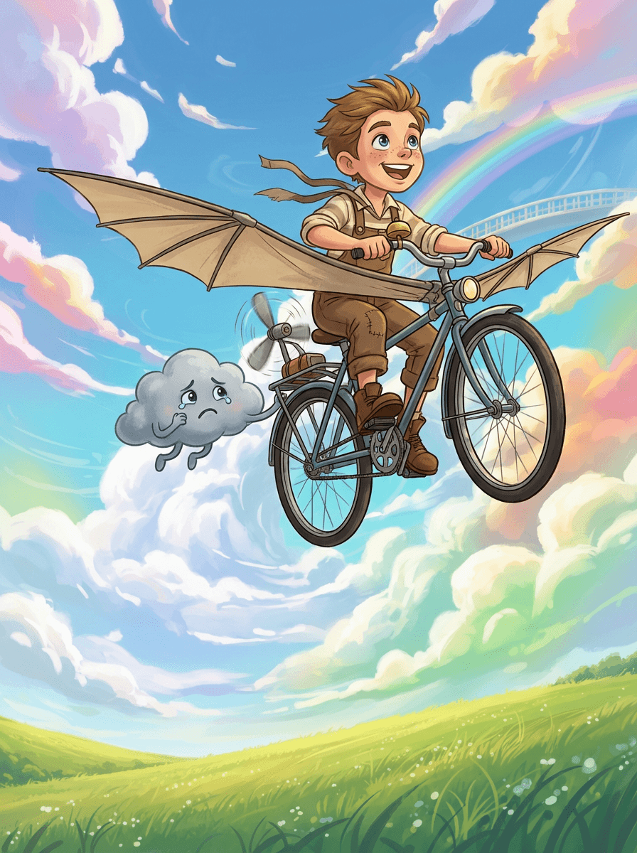 Mladý vynálezce Viktor na létajícím kole s křídly vysoko v mracích.