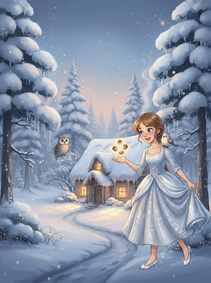 Odvážná Popelka v zasněžené krajině u své chaloupky se sovou Rozárkou.