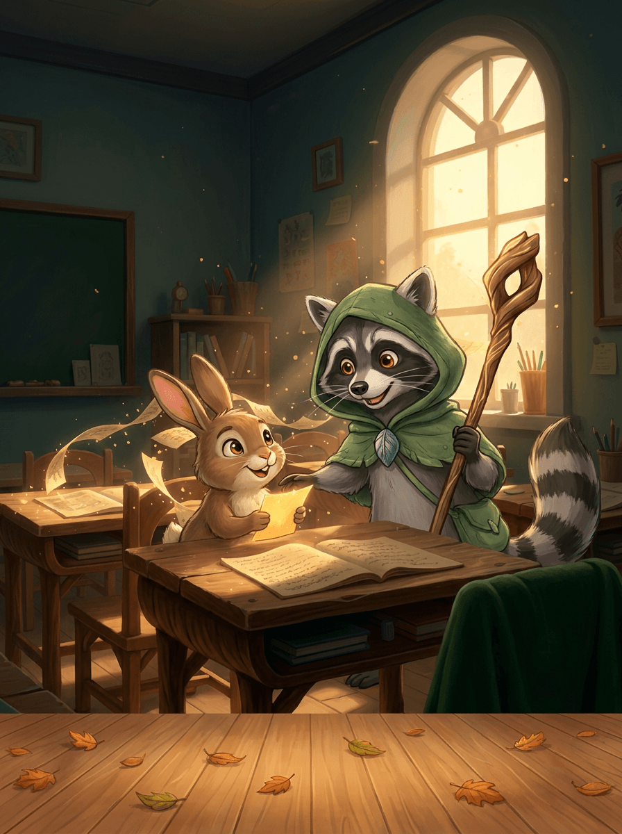 Raccoon purtând gluga verde și ținând un băț magic în pădure.