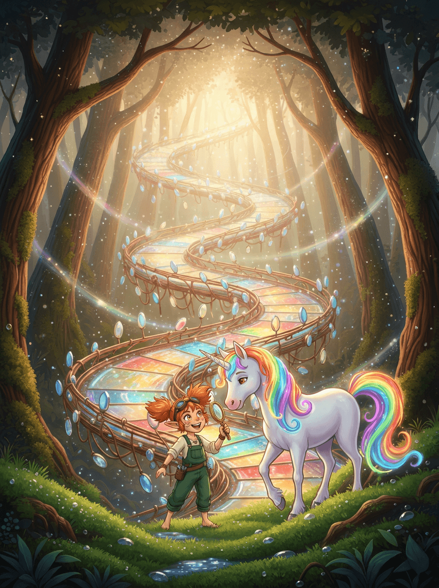 La elfa Spark junto al unicornio Lumi en el Bosque de Susurros.
