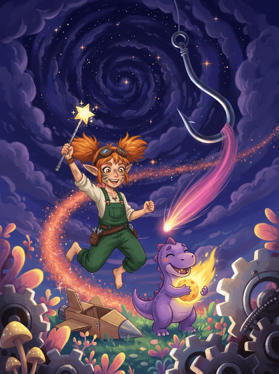 Die kleine Elfe Spark hilft Dino Zola im nächtlichen Garten.