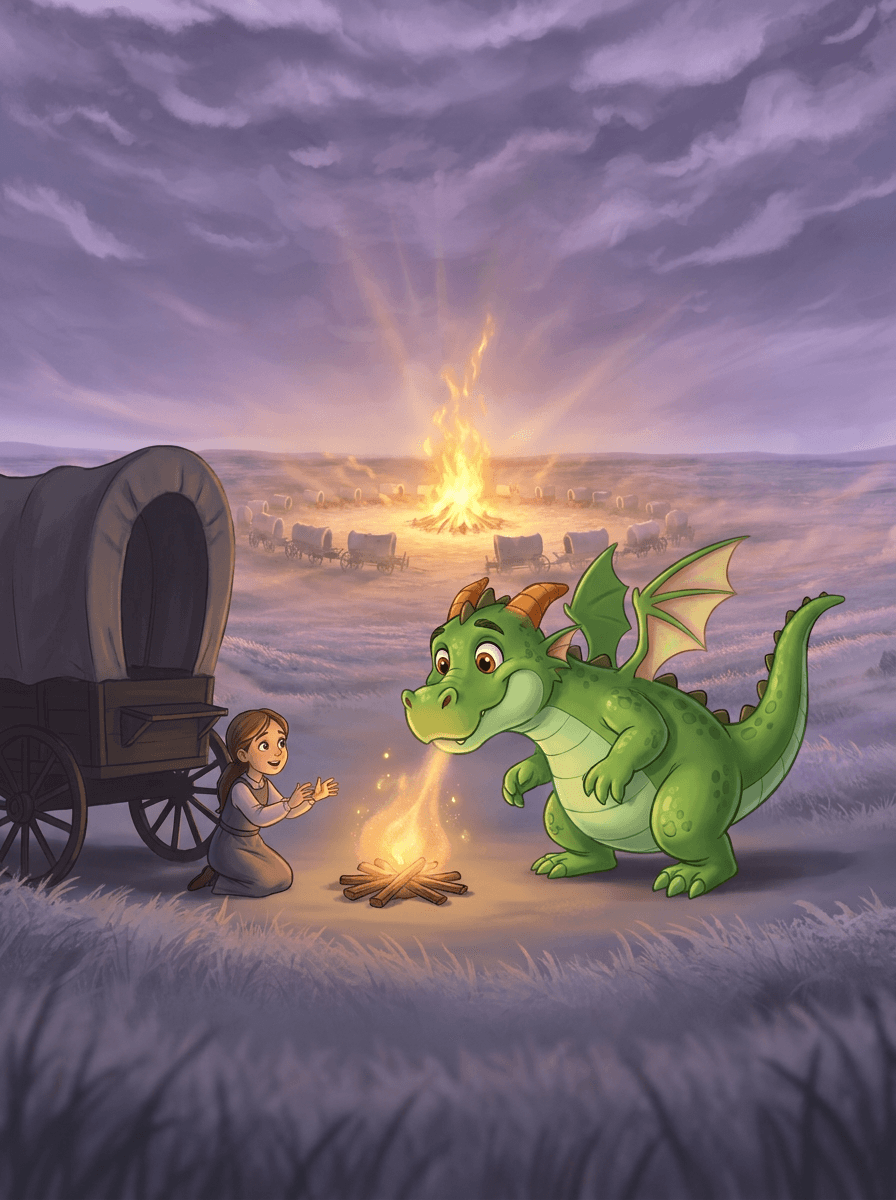 Emerald dragon Zog warms a pioneer campfire for Martha and her family.