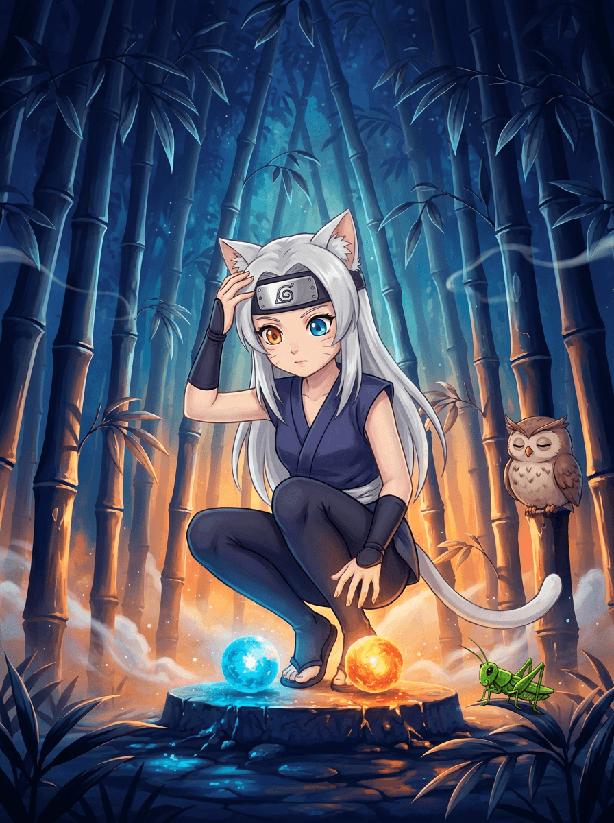 Ninja-kattenmeisje Shiki met zilveren haar bij magische kristallen in het bamboebos.