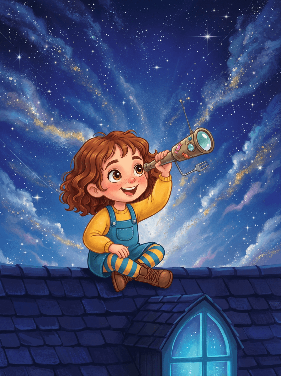 Small inventor Mia holds her cardboard telescope toward the glowing night sky.