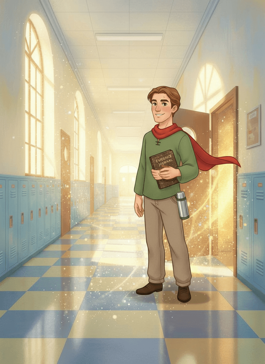 Two kids peer through school hallway plants at their teacher Mr. Sterling.