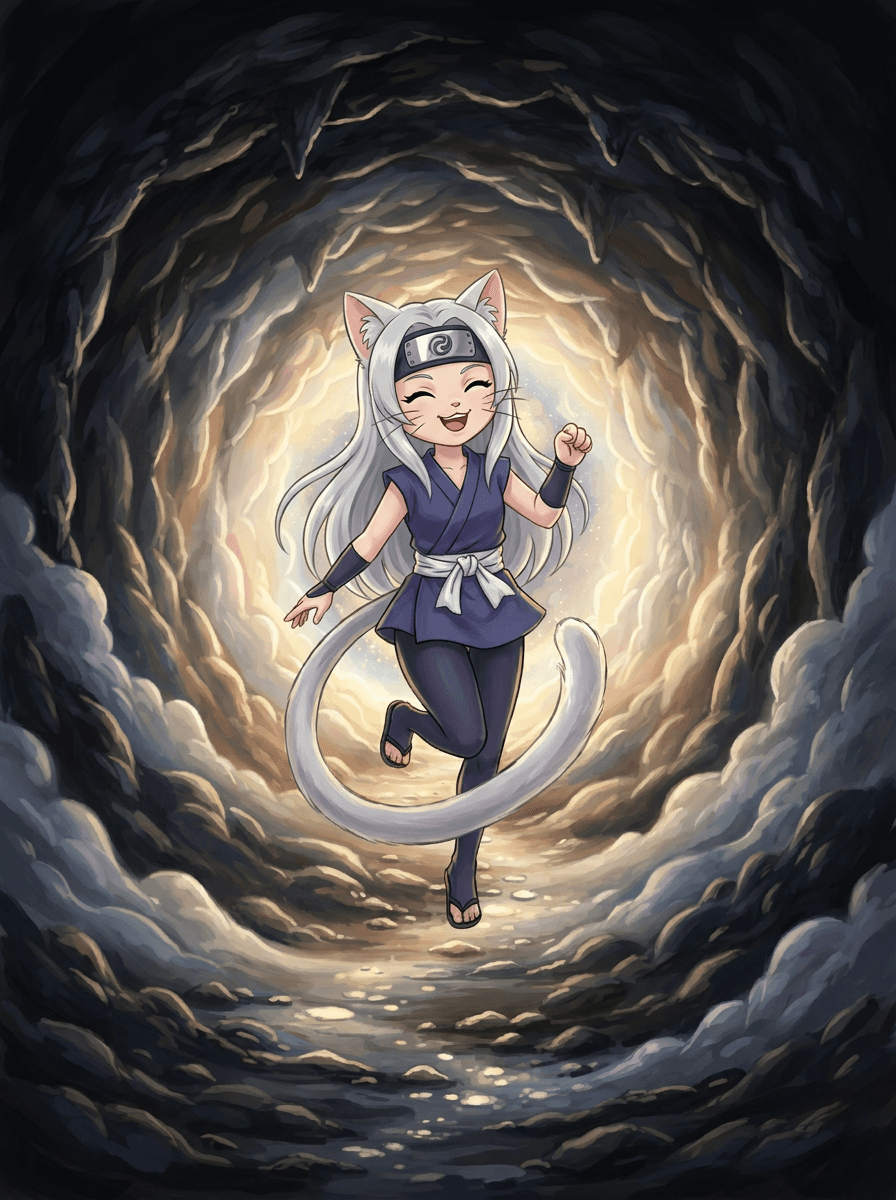 La petite ninja-chat Shiki devant l'entrée d'une grotte mystérieuse et sombre.