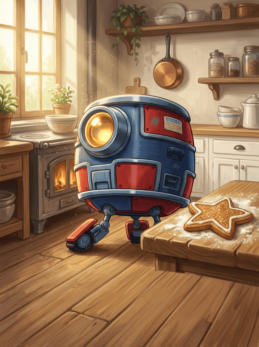 De kleine robot Beep staat tussen Lotte en Bram in een keuken.