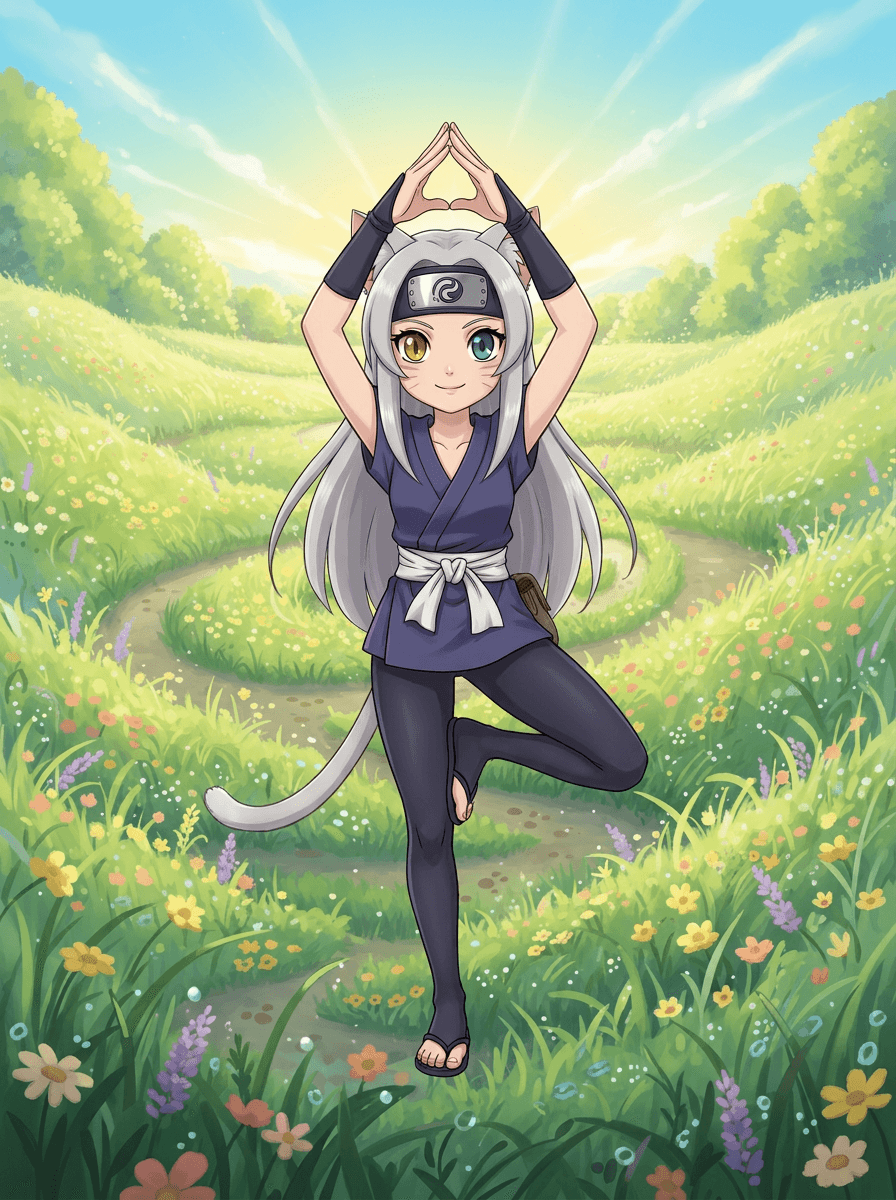 Shiki la ninja gatta pratica yoga all'aperto circondata da natura rigogliosa.