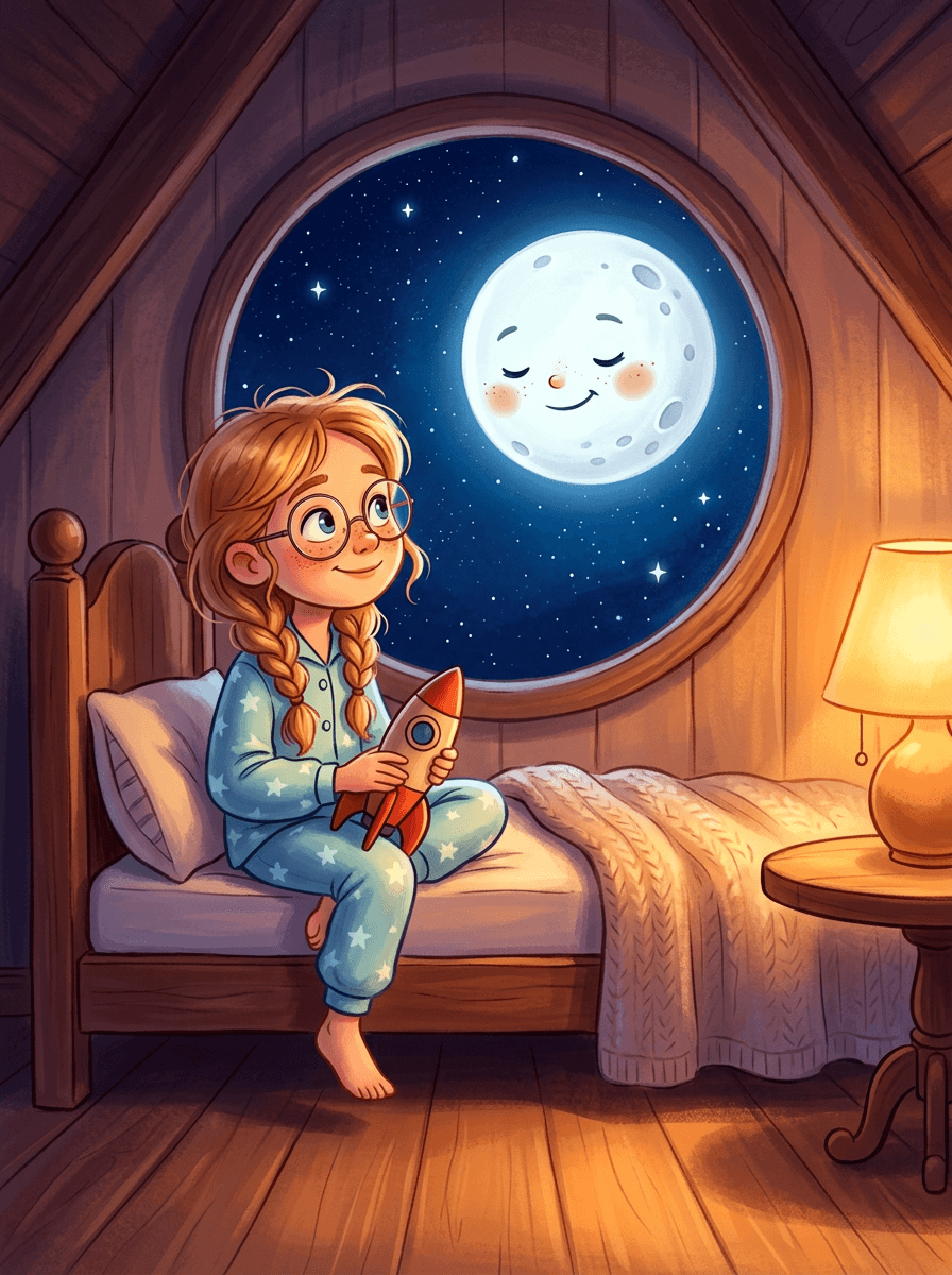 Ema en pijama sobre una nube voladora frente a la Luna.