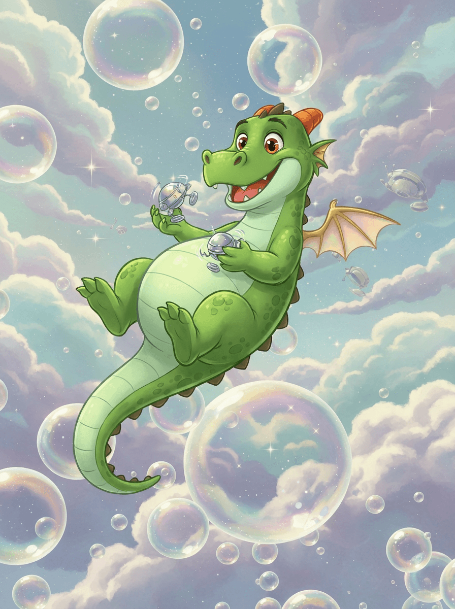 A friendly green dragon Zog hiding amidst floating bubbles in space.