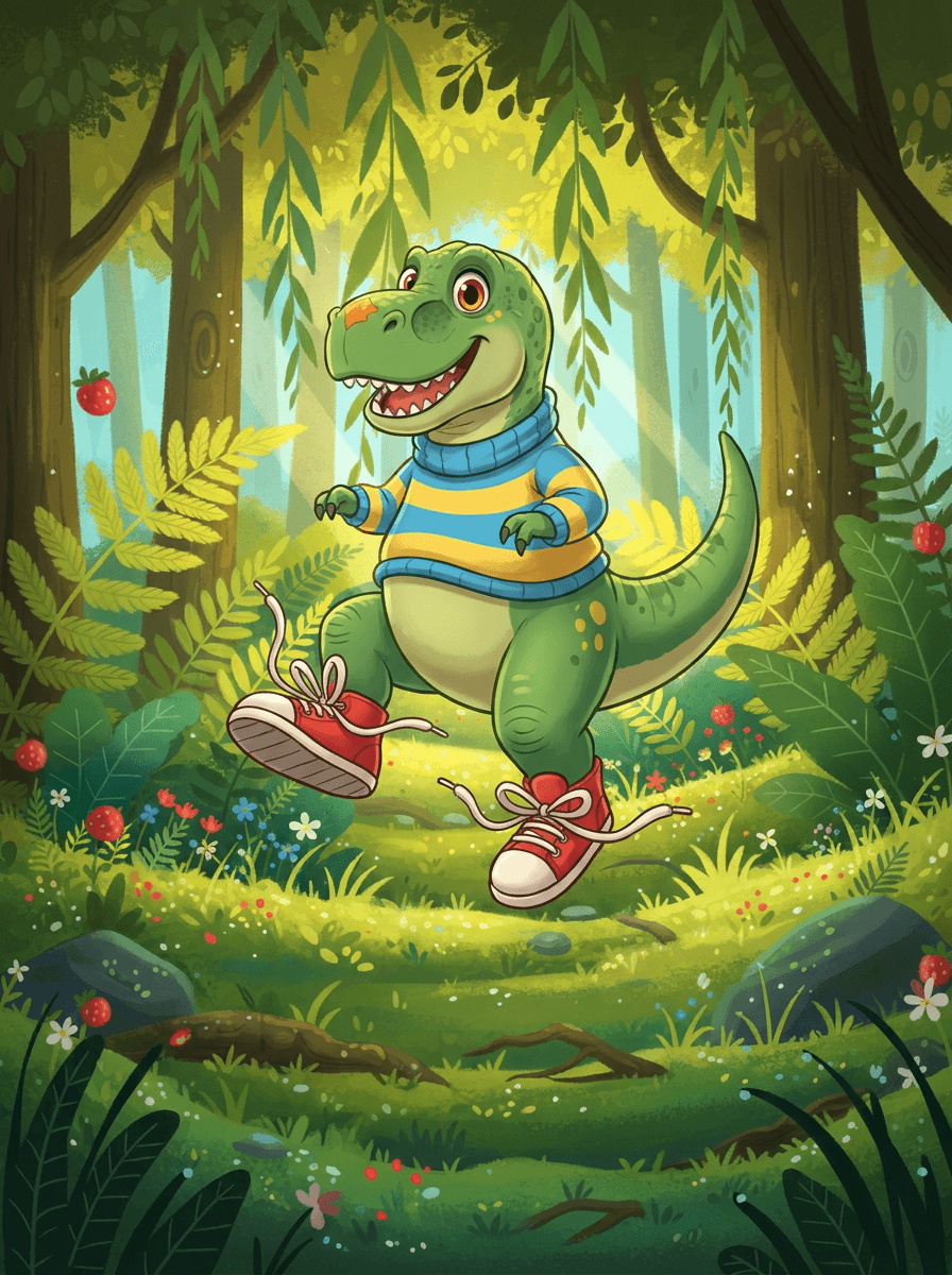 Rex el dinosaurio con zapatillas rojas corriendo por el bosque verde.