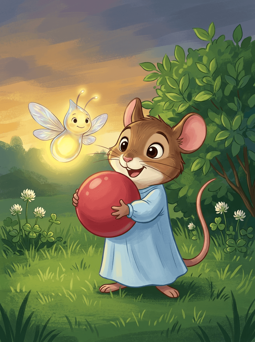 Pip la souris joue avec sa balle rouge dans le pré fleuri.
