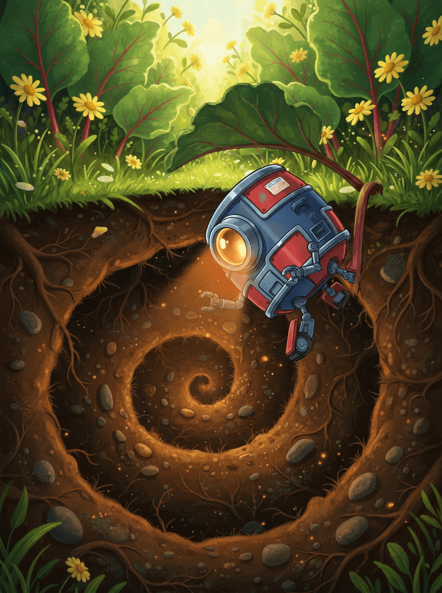Robot Beep se svým svítícím okem u vstupu do temné nory.