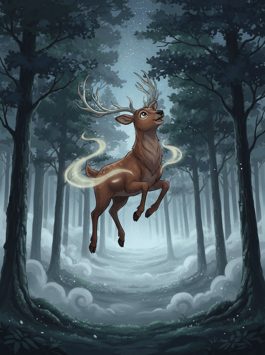 Jelen Větrník s majestátními parohy a sovička Žofka pod hvězdnou oblohou.