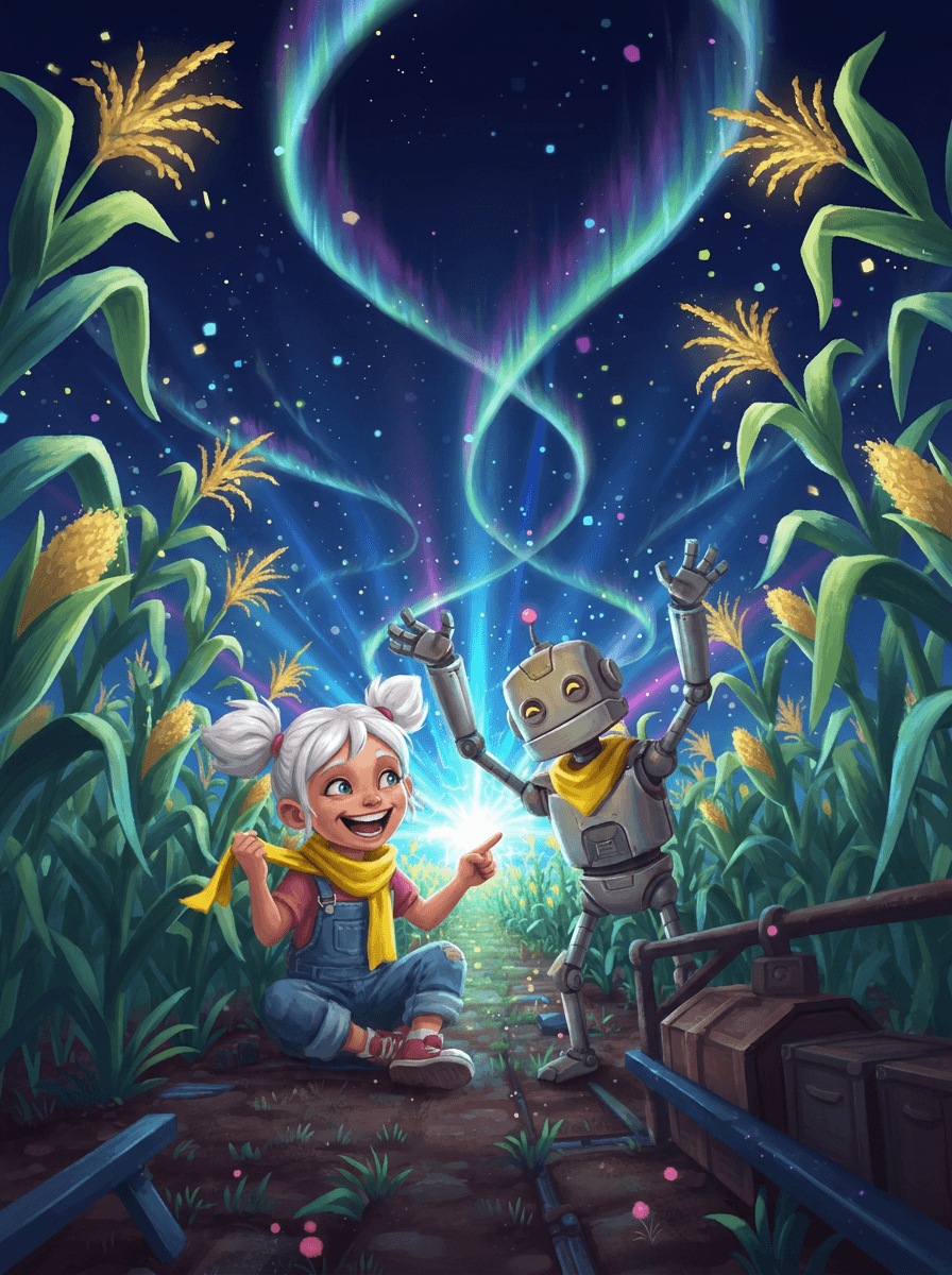 Zoe e o robô Sparky no milharal sob um céu estrelado.