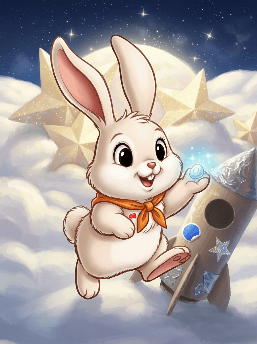 Barnaby the Bunny in his cardboard rocket landing on the Marshmallow Moon.