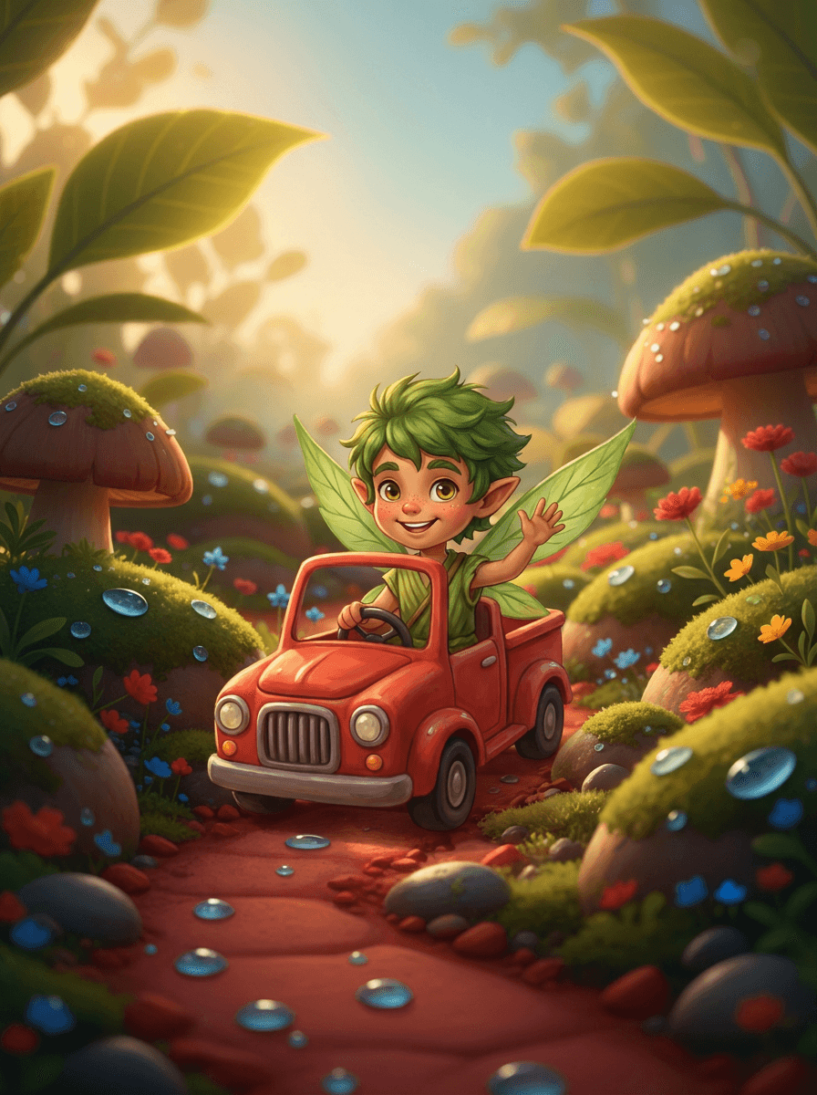 Barnaby, o duende de cabelos de musgo, dirige seu pequeno caminhão vermelho.