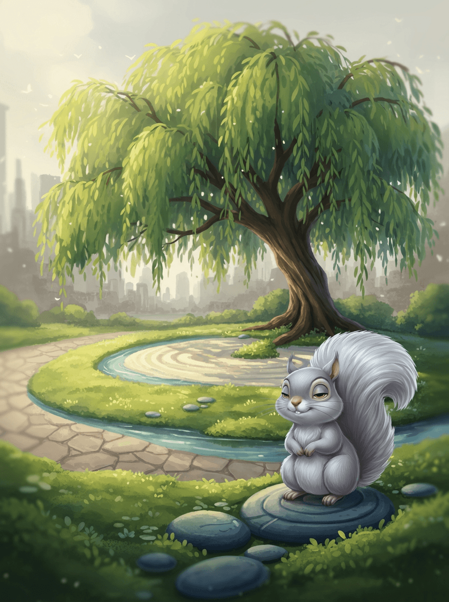 Sammy the squirrel beside his peaceful Zen garden in a city park.