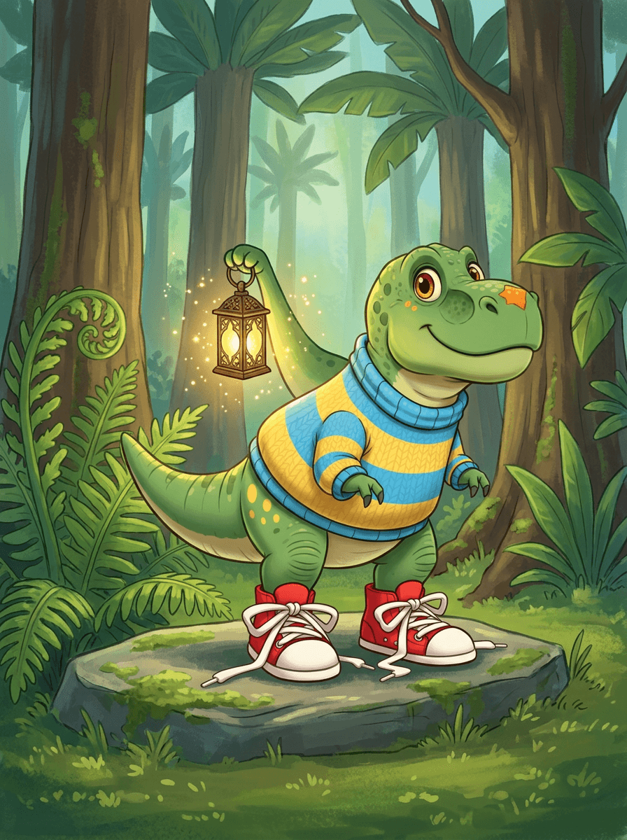 Rex, a kis dinoszaurusz lámpással a kezében a Susogó Bokrok között.