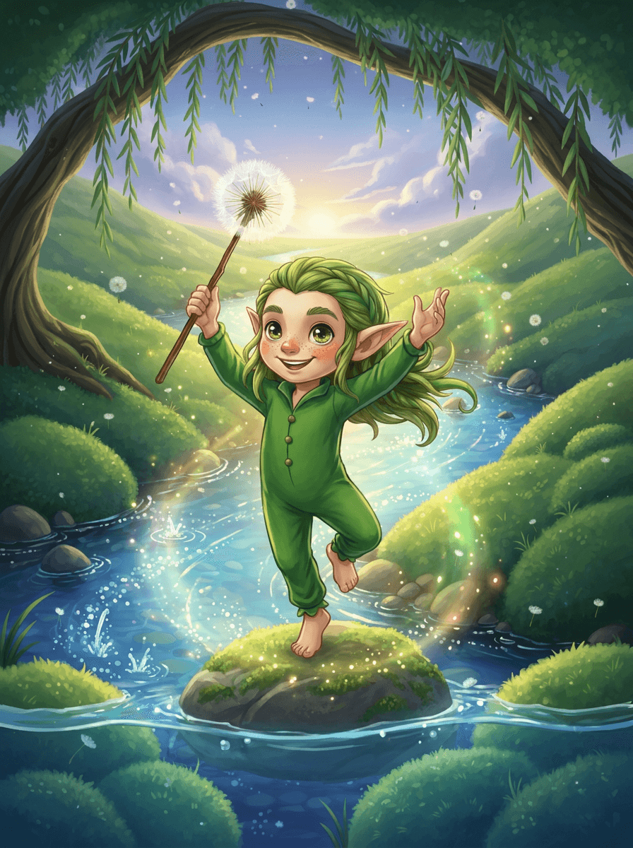 O elfo Twig com seu cajado de dente-de-leão na floresta mágica.