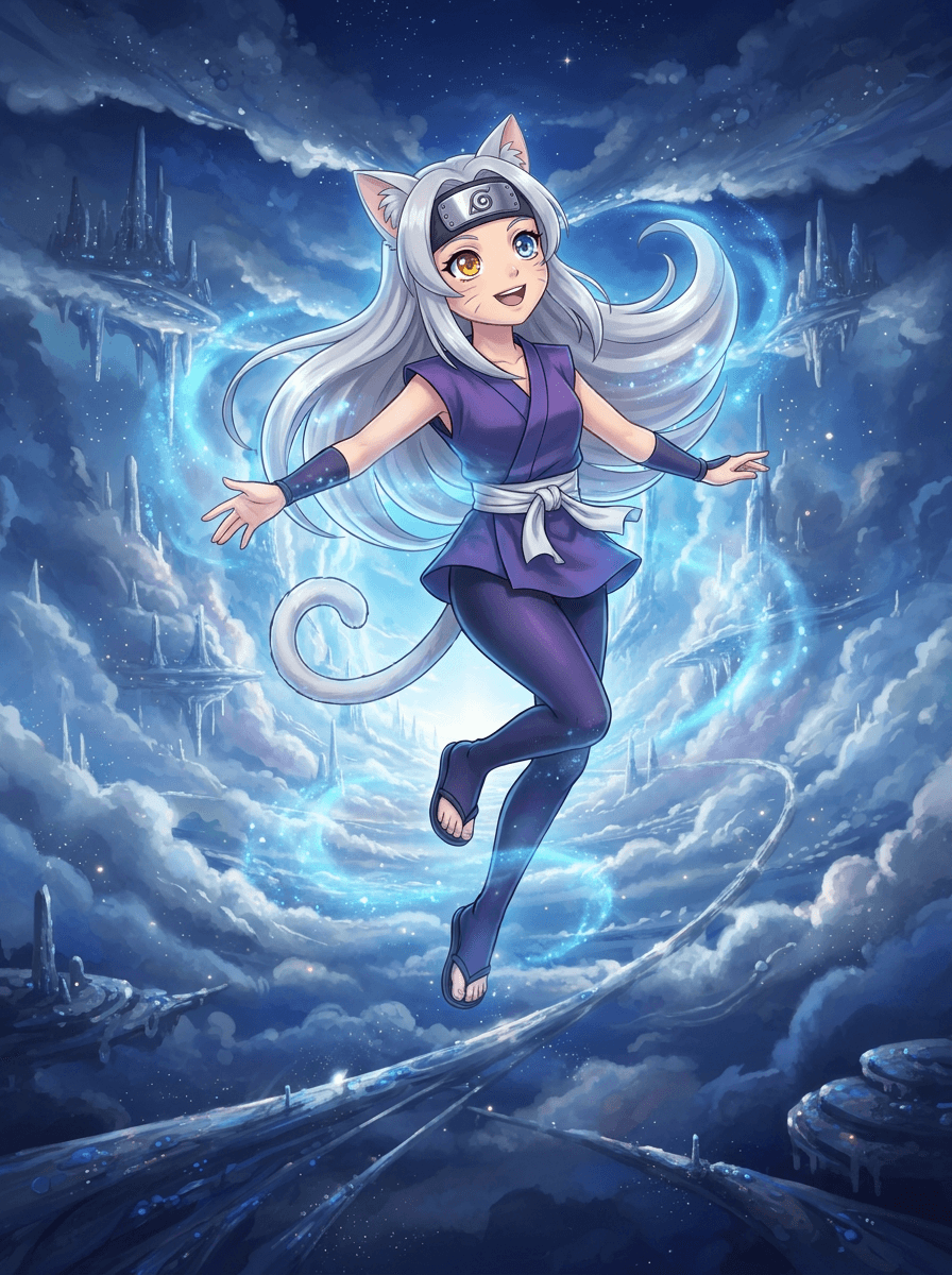 Ninja-meisje Shiki met zilveren oortjes danst met vliegende vissen in de mist.