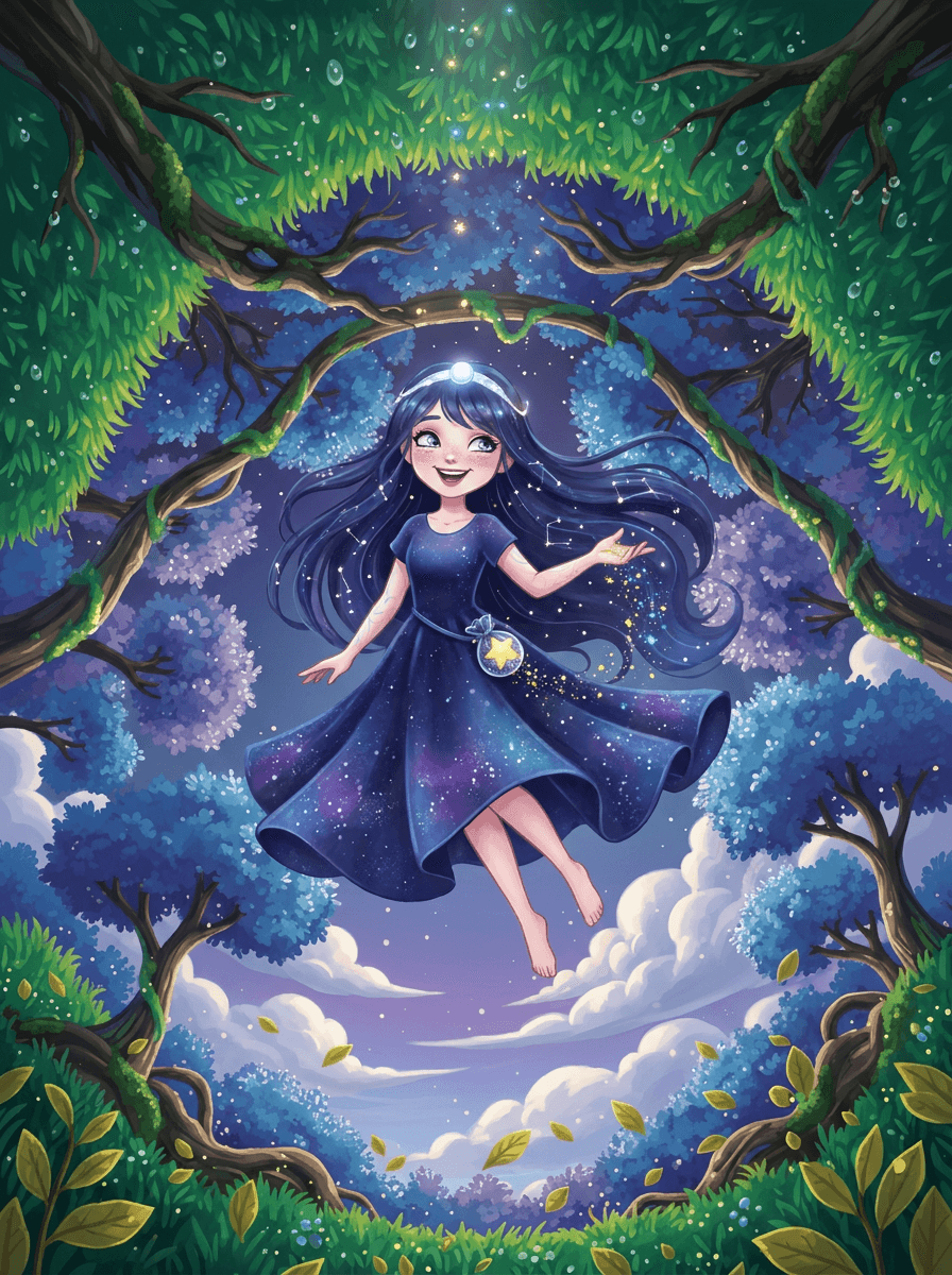 Tähtipölyä kimalteleva Nova-tyttö tarkastelee taikapeiliä värikkäässä ja satumaisessa Whispering Woods -metsässä.