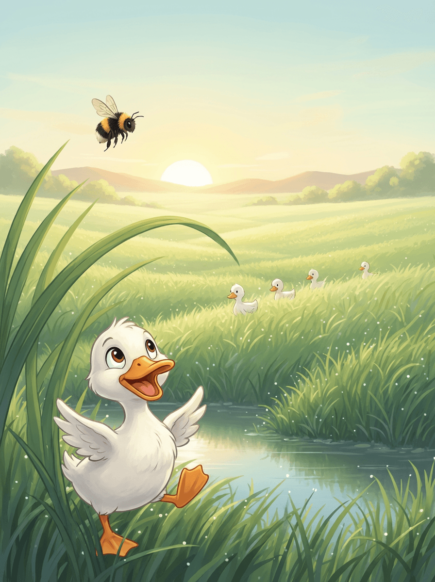 Madame Waddle leading fluffy yellow ducklings through tall green tickle-grass.
