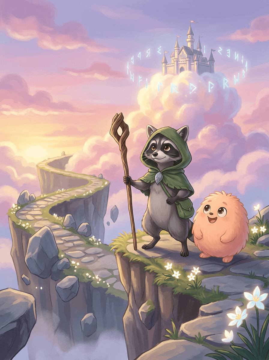 Mapache Raccoon con capa verde frente al mágico Castillo de Nubes.