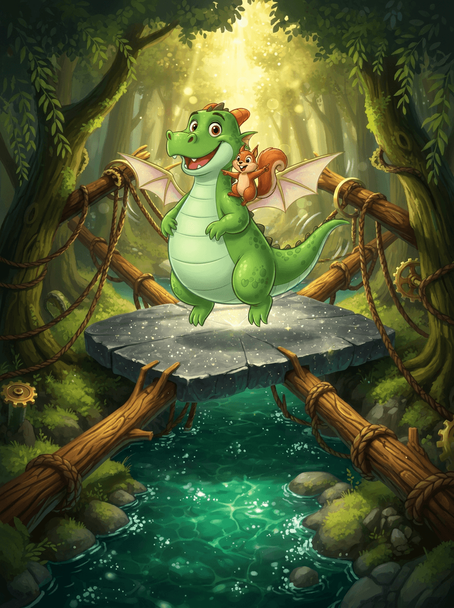 Zog the pear-shaped green dragon helps squirrels move a large stone.