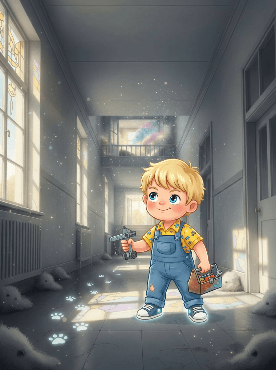 Kleine detective Adam met zijn blauwe hijskraan in de stille klokkentoren.