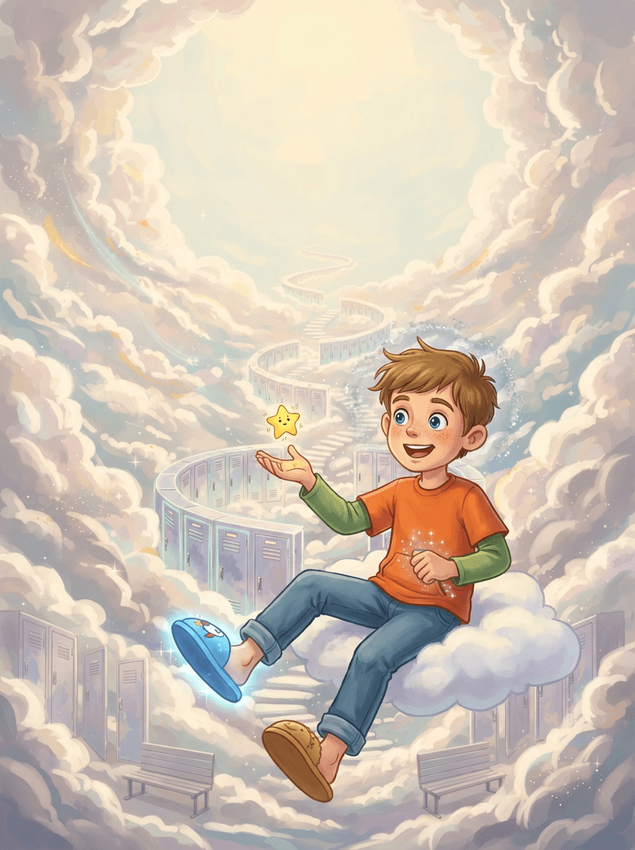 Chlapec Matyáš v modré bačkoře mezi mraky a létajícími školními skříňkami.