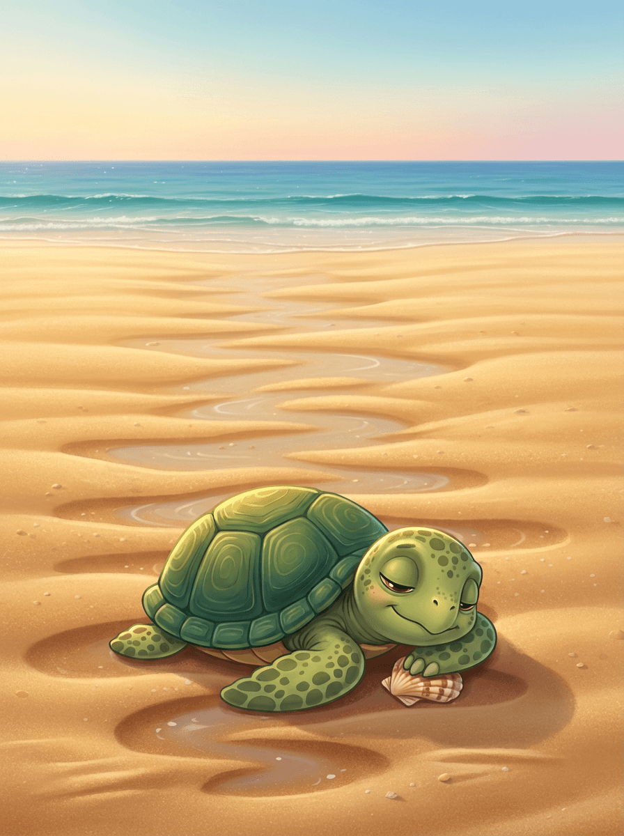 Malá želvička pečující o barevné mušle na slunné zlatavé pláži u moře.