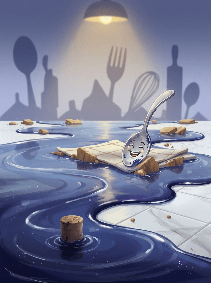 Malá lžička Cink se plaví na špuntu přes modrý borůvkový sirup.