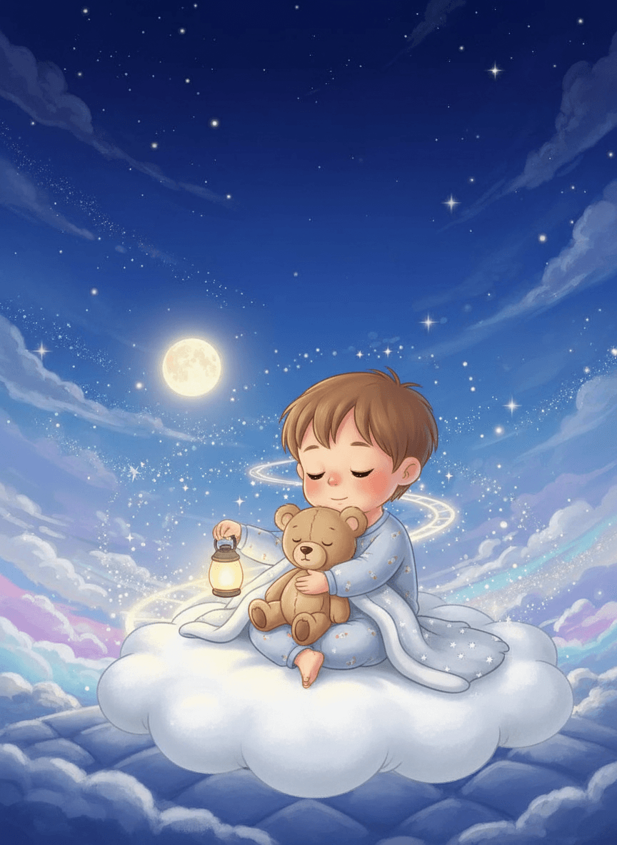 Young Leo and his teddy bear ride a glowing starlight steam train.