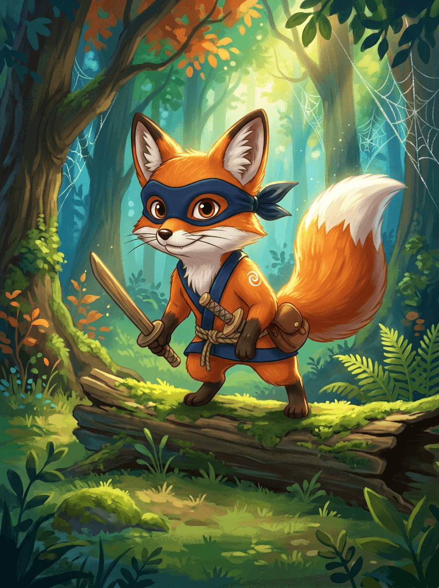 A small fox ninja with a wooden sword in sunny woods.
